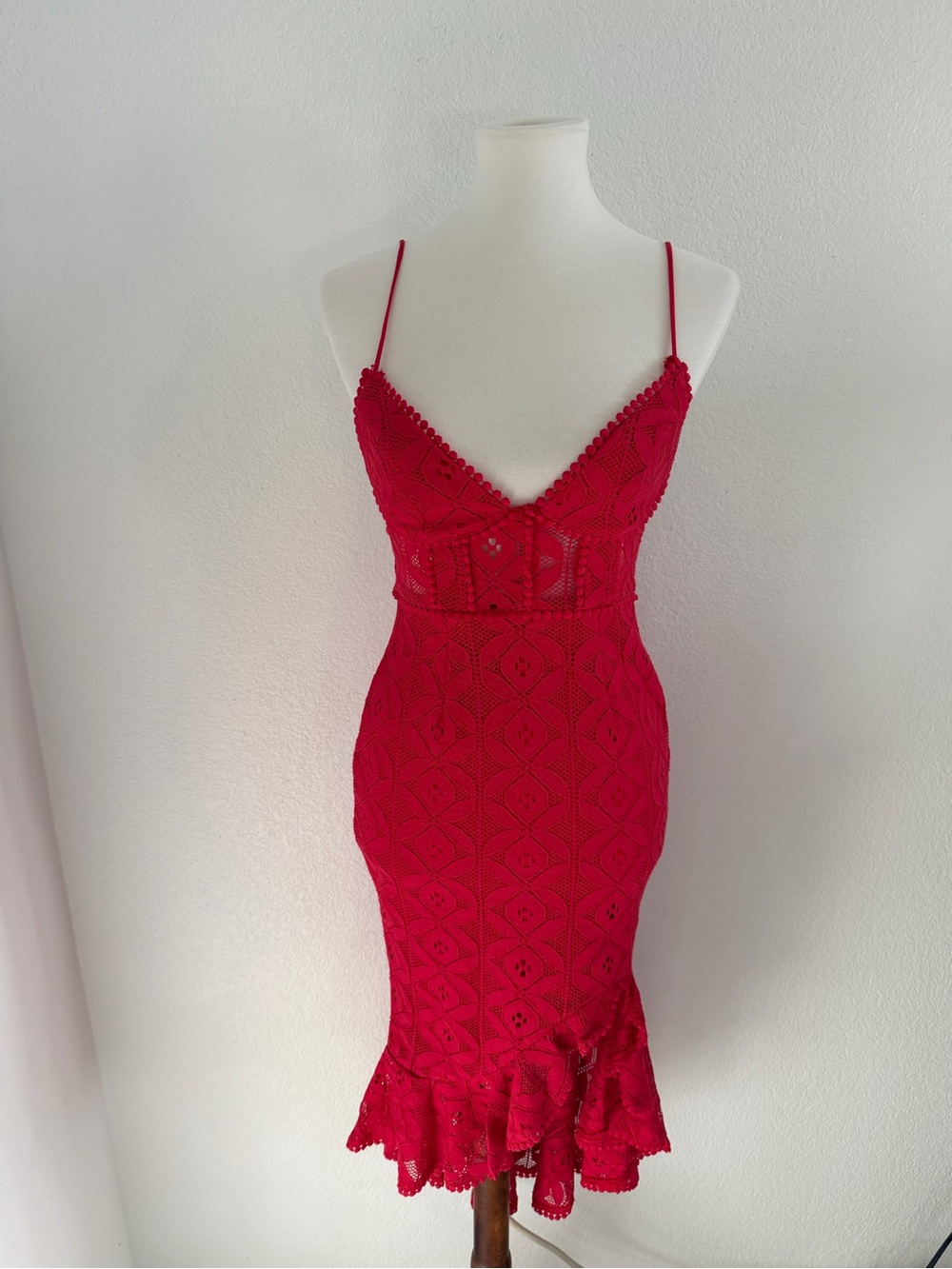 Hello Molly Red Lace Bodycon Dress Size XS | Ruffle Hem